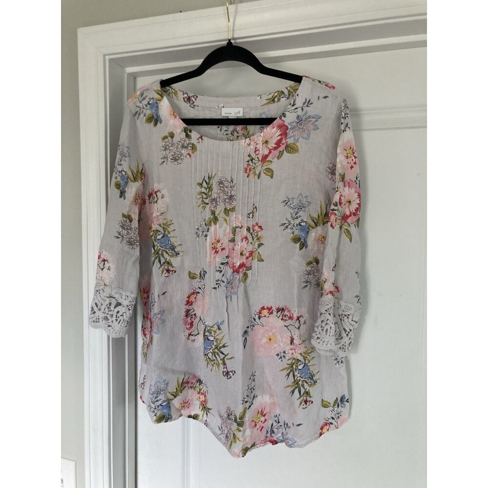 J.Jill Love Linen Blouse Pleated Tunic Floral Lace Sleeve Cuffs Pleat Size L